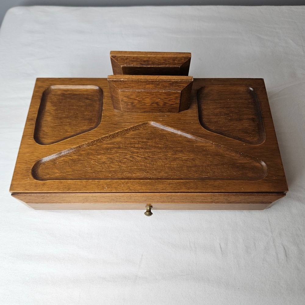 Vtg Mid Century Modern Wood Valet Tray Desk Organizer with Drawer Brown MCM READ